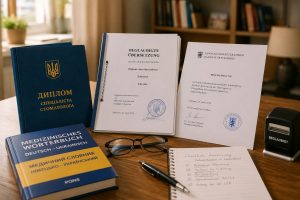 Документи для визнання українського диплома стоматолога в Німеччині лежать на дерев’яному столі