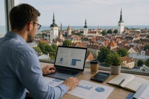 Українець працює над бізнес-планом для гранту Töötukassa в Естонії на фоні міського пейзажу Таллінна