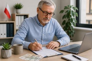 Офіційне працевлаштування у Польщі для українців 60+, чоловік заповнює документи