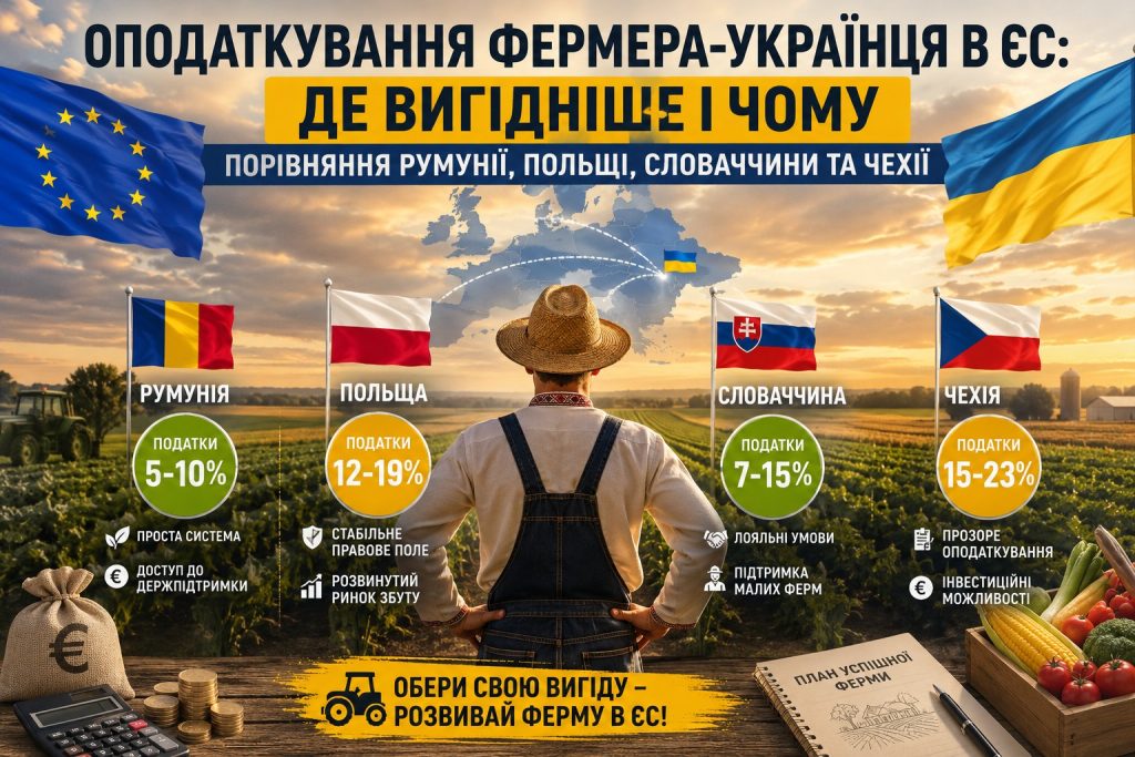 Український фермер дивиться на поля Європи з прапорами Румунії, Польщі, Словаччини та Чехії, символізуючи порівняння оподаткування фермерів у ЄС