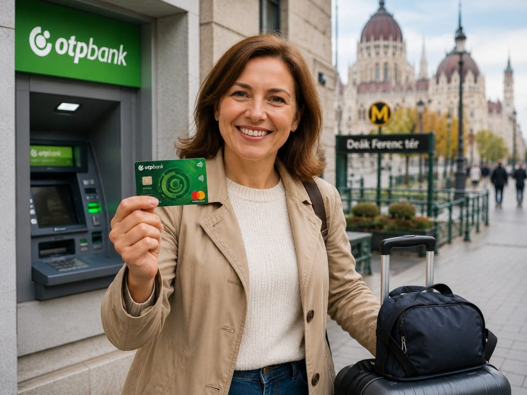 Українка в Угорщині тримає нову банківську картку біля банкомату OTP Bank