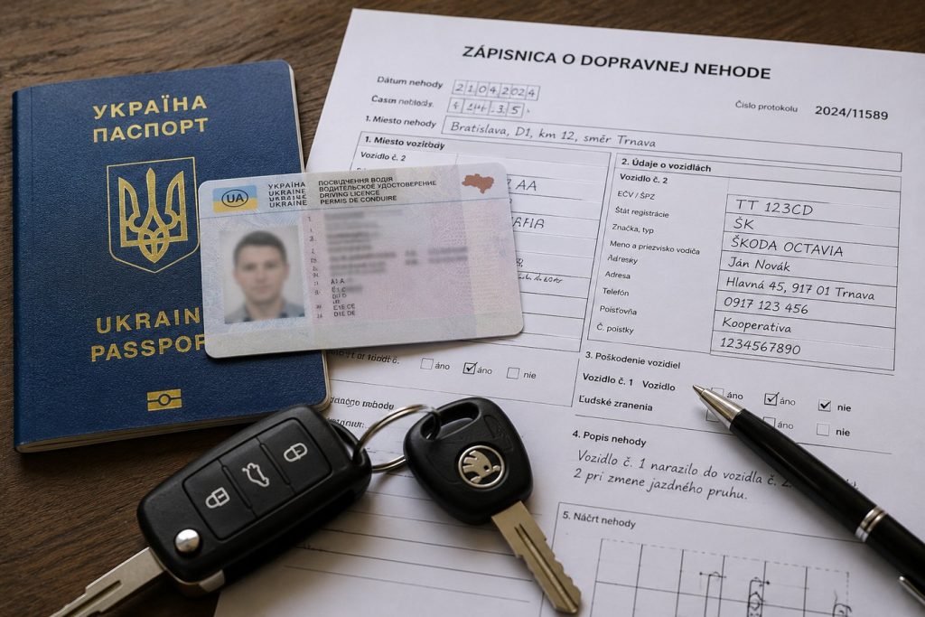 Український паспорт, водійське посвідчення та словацький протокол ДТП лежать на столі