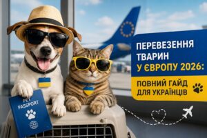 Перевезення тварин у Європу 2026, собака і кіт з паспортом тварини готові до подорожі