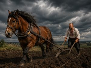 Український фермер у вишиванці оре поле з конем на тлі грозового неба