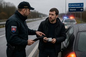 Словацький поліцейський розмовляє з українським водієм після зупинки авто на мокрій дорозі