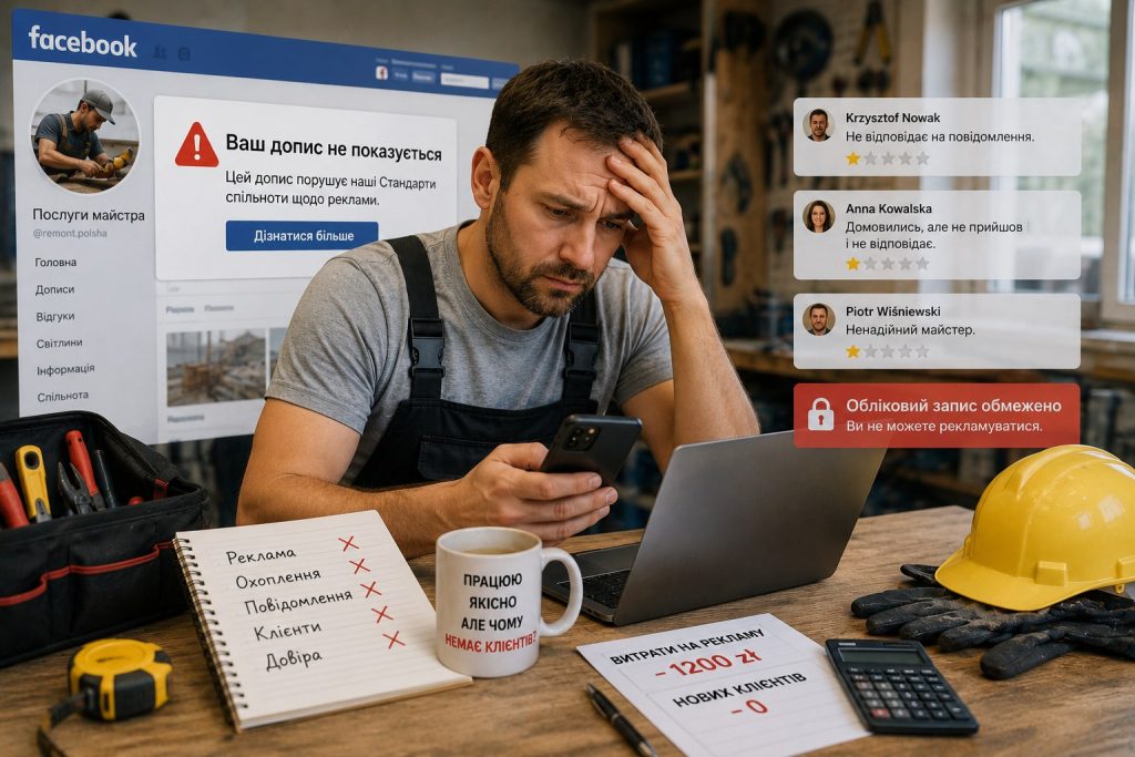 Український майстер у Польщі засмучено дивиться в телефон через проблеми з просуванням у Facebook