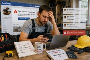 Український майстер у Польщі засмучено дивиться в телефон через проблеми з просуванням у Facebook