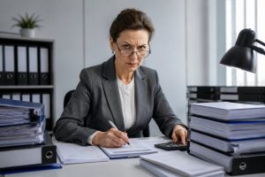 Сувора жінка бухгалтер у сірому костюмі працює з документами за столом в офісі