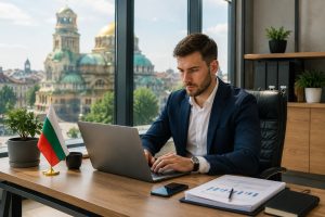 Як українцю відкрити ЄООД у Болгарії, молодий підприємець працює з документами в офісі