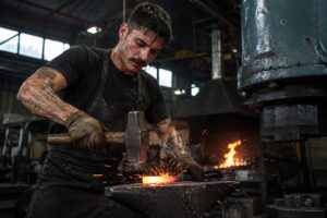 Робота в Європі для українців, молодий чоловік у майстерні кує гарячий метал молотом
