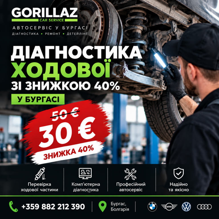 Діагностика ходової у Бургасі в Gorillaz Car Service за 30 євро замість 50