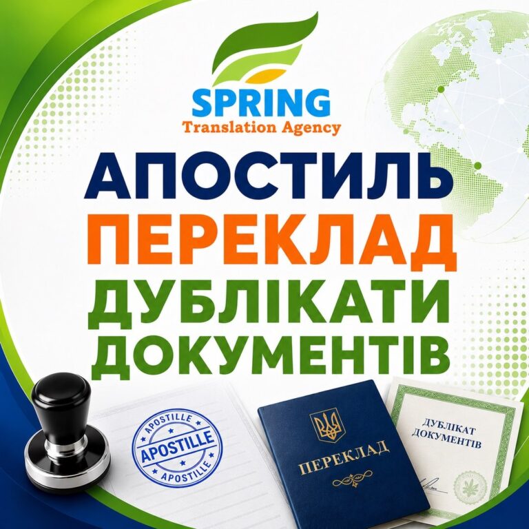 Фірмове зображення бюро перекладів «Спрін» з написами «Апостиль», «Переклад», «Дублікати документів»