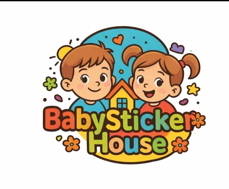 Логотип BabyStickerHouse із зображенням хлопчика, дівчинки та будиночка