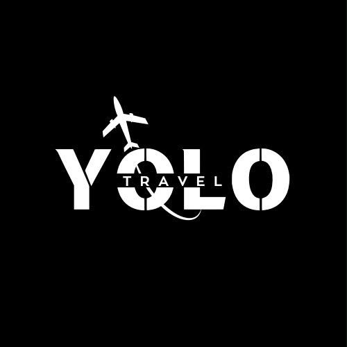 Логотип YOLO Travel з білим написом і силуетом літака на чорному фоні